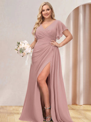 A-Line/Princess V-Neck Long Plus Size Bridesmaid Dresses with Split Side