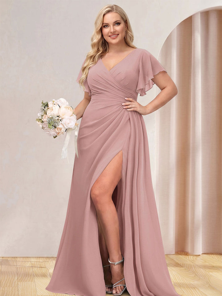 A-Line/Princess V-Neck Long Plus Size Bridesmaid Dresses with Split Side