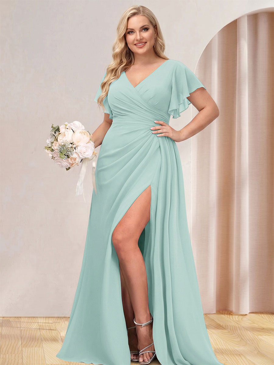 A-Line/Princess V-Neck Long Plus Size Bridesmaid Dresses with Split Side