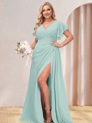 A-Line/Princess V-Neck Long Plus Size Bridesmaid Dresses with Split Side