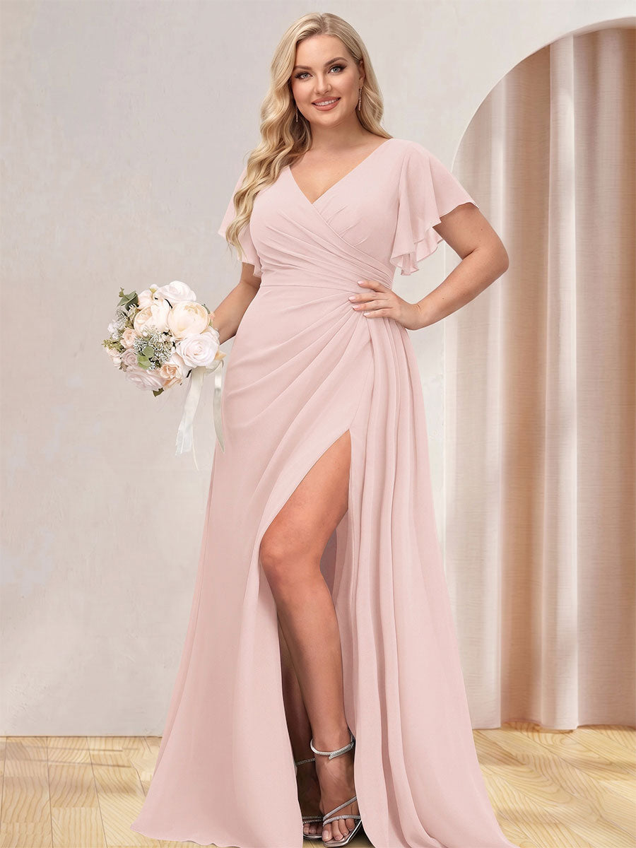A-Line/Princess V-Neck Long Plus Size Bridesmaid Dresses with Split Side