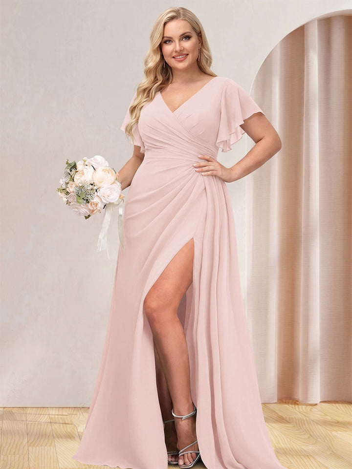 A-Line/Princess V-Neck Long Plus Size Bridesmaid Dresses with Split Side
