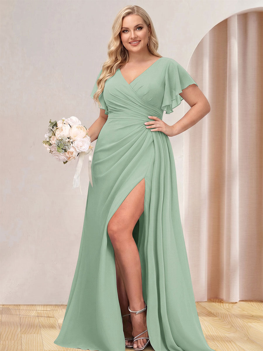 A-Line/Princess V-Neck Long Plus Size Bridesmaid Dresses with Split Side