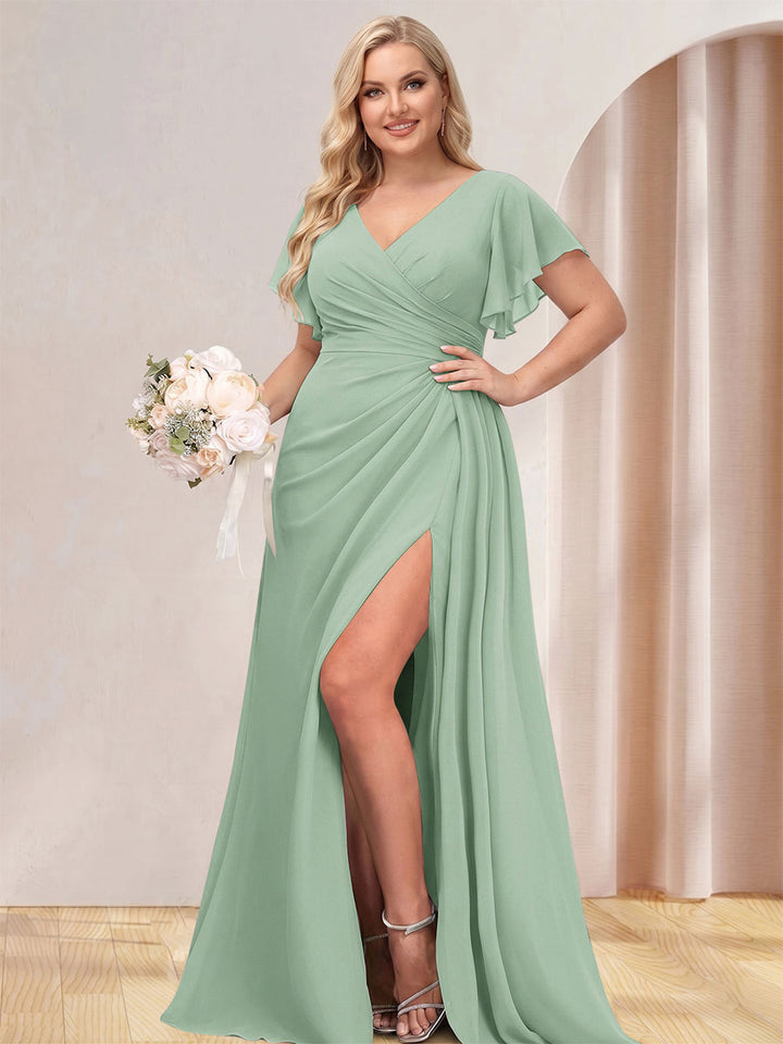 A-Line/Princess V-Neck Long Plus Size Bridesmaid Dresses with Split Side