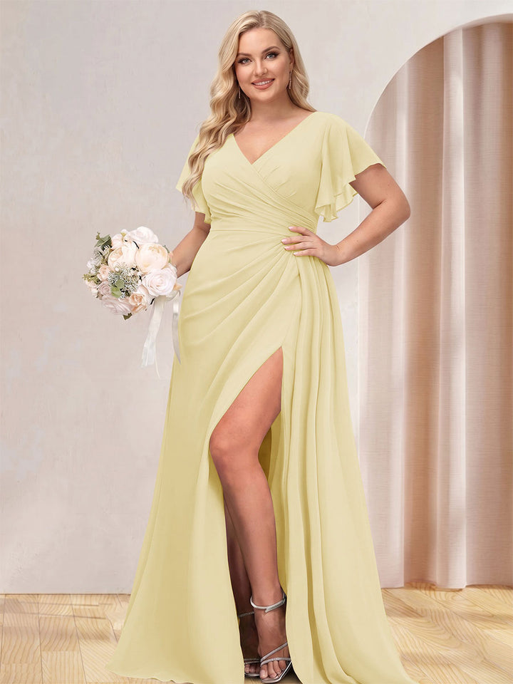 A-Line/Princess V-Neck Long Plus Size Bridesmaid Dresses with Split Side