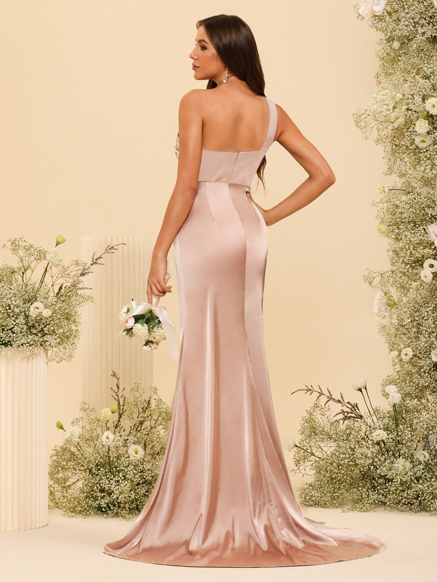 Sheath/Column One-Shoulder Long Formal Dresses with Split Side &amp; Ruched