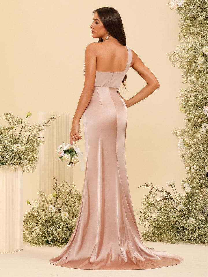 Sheath/Column One-Shoulder Long Formal Dresses with Split Side &amp; Ruched