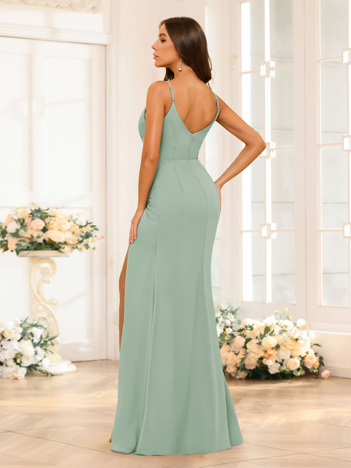 Sheath/Column Spaghetti Straps V-Neck Long Bridesmaid Dresses with Split Side &amp; Sash