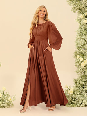 Chiffon A-Line/Princess Scoop Long Sleeves Ankle-Length Bridesmaid Dresses With Split Side