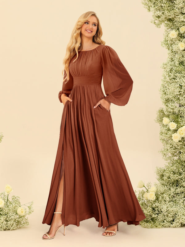 Chiffon A-Line/Princess Scoop Long Sleeves Ankle-Length Bridesmaid Dresses With Split Side