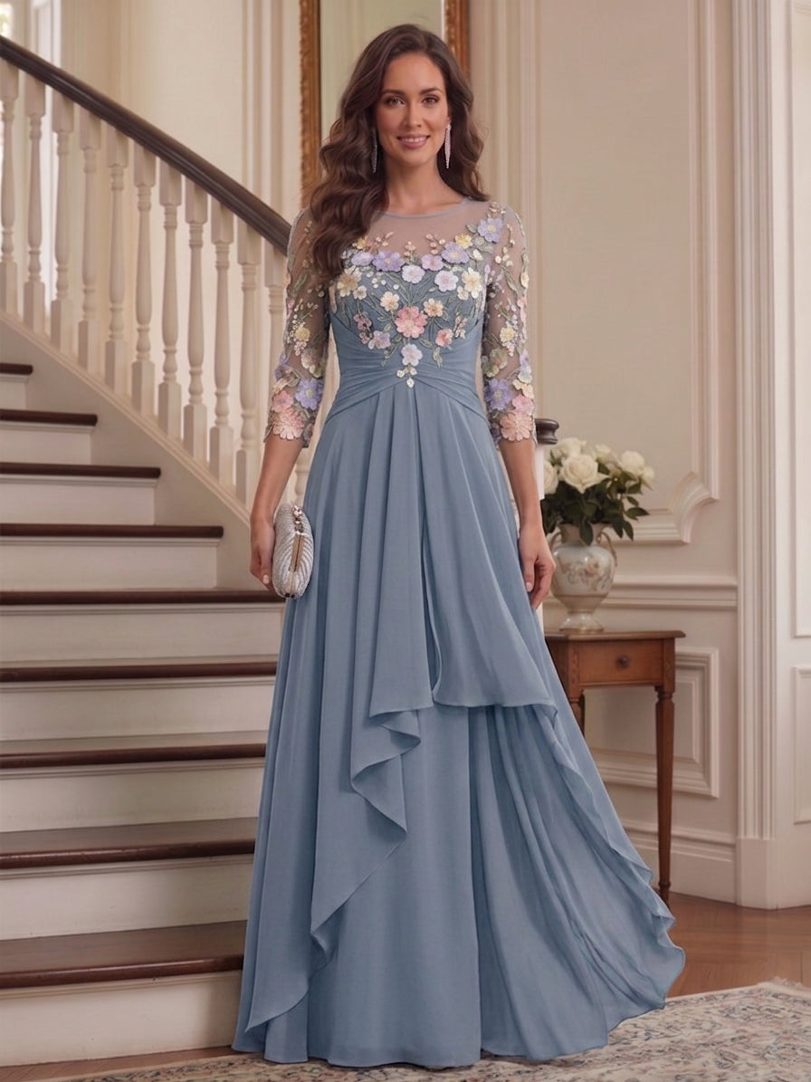 A-Line/Princess Scoop 3/4 Sleeves Floral Mother of the Bride Dresses with Appliques &amp; Ruffles