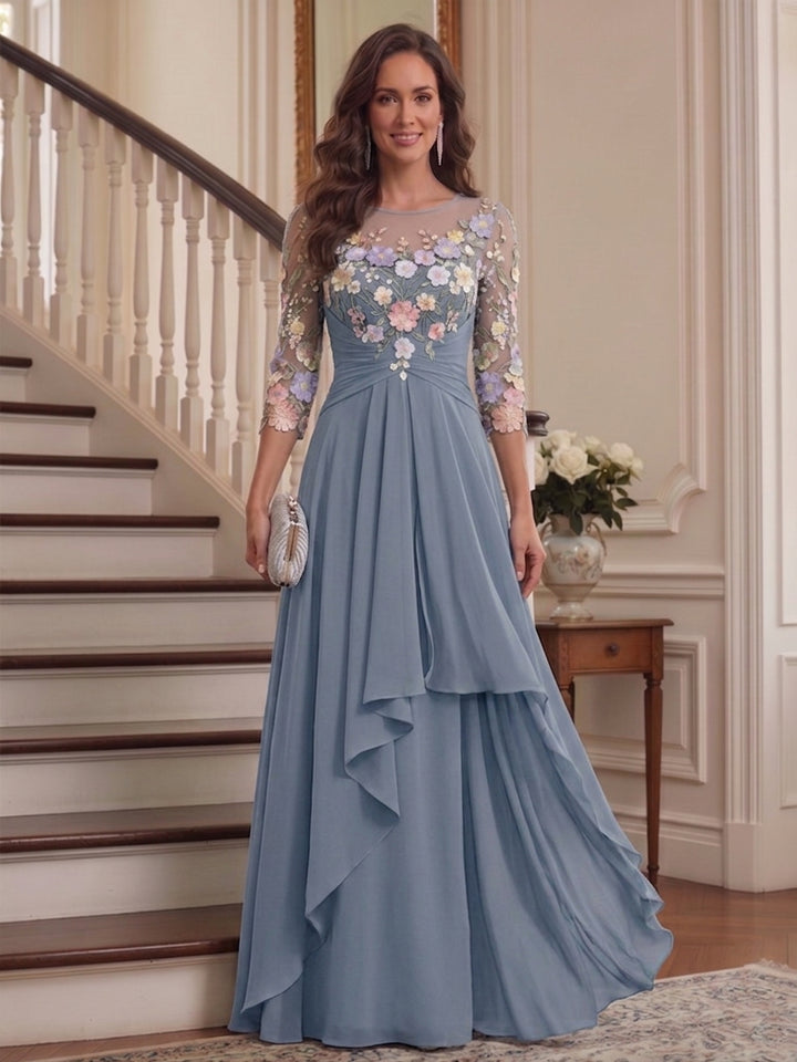 A-Line/Princess Scoop 3/4 Sleeves Floral Mother of the Bride Dresses with Appliques &amp; Ruffles