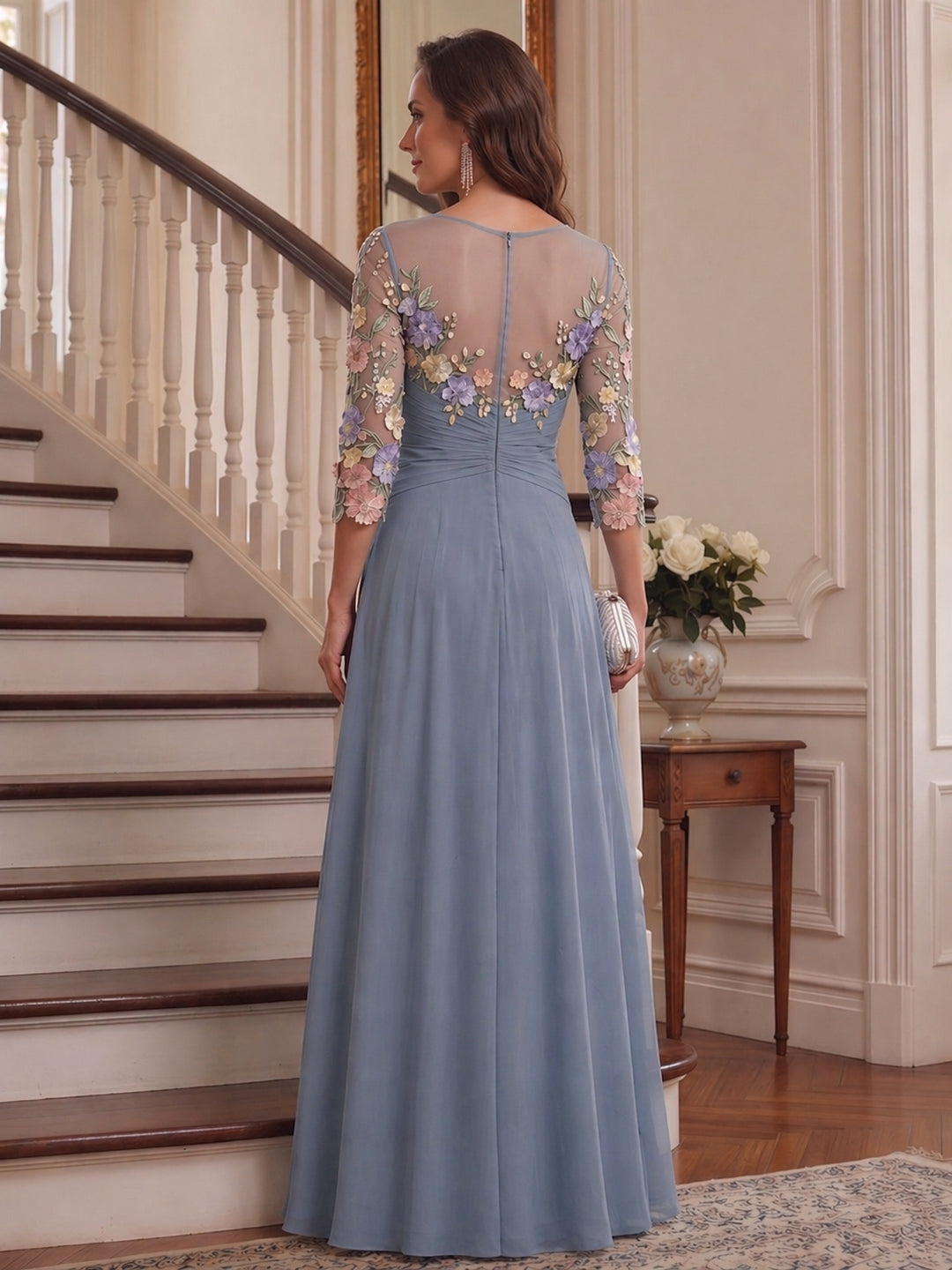 A-Line/Princess Scoop 3/4 Sleeves Floral Mother of the Bride Dresses with Appliques &amp; Ruffles