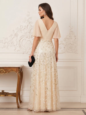 A-Line/Princess V-Neck Half Sleeves Split Side Mother of the Bride Dresses with Applique & Ruched