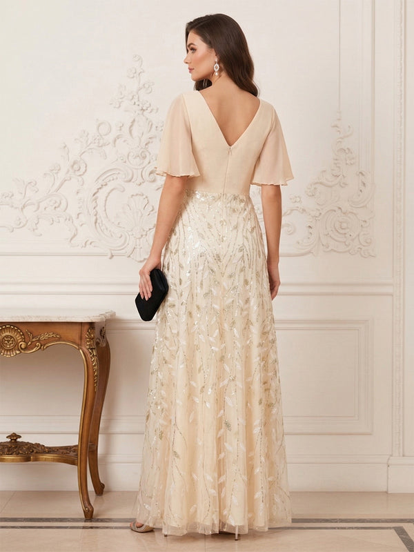 A-Line/Princess V-Neck Half Sleeves Split Side Mother of the Bride Dresses with Applique & Ruched