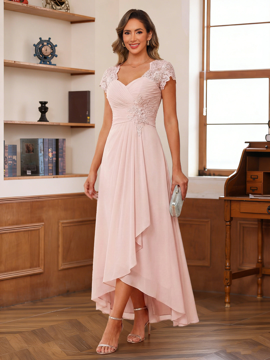 Lavetir Peacock A-Line/Princess Sweetheart Short Sleeves Asymmetrical Mother of the Bride Dresses with Appliques & Ruffles 2026