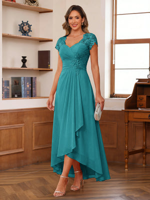 A-Line/Princess Sweetheart Short Sleeves Asymmetrical  Mother of the Bride Dresses with Appliques & Ruffles