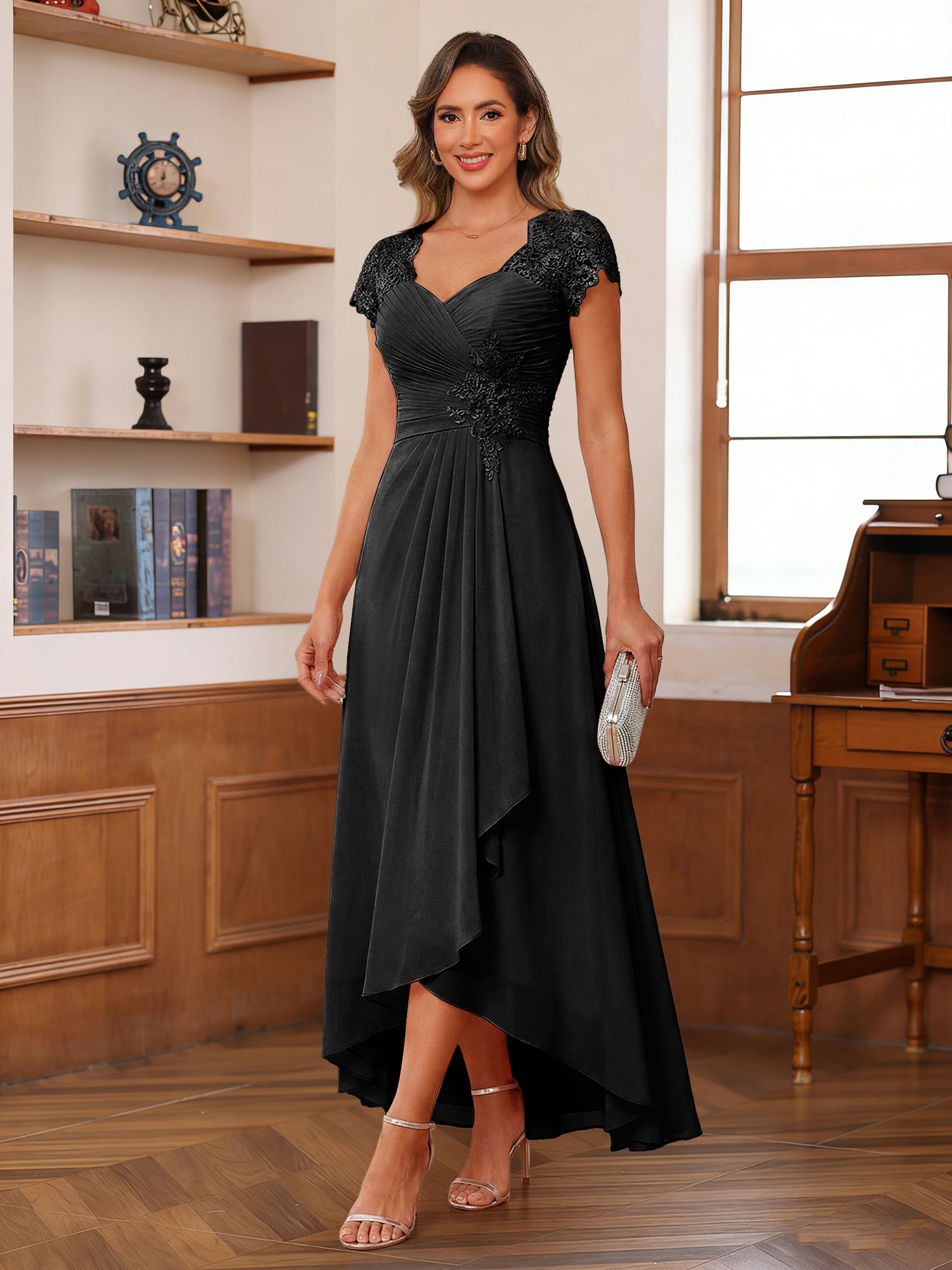A-Line/Princess Sweetheart Short Sleeves Asymmetrical  Mother of the Bride Dresses with Appliques & Ruffles