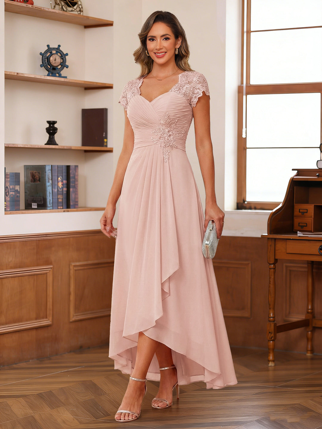 A-Line/Princess Sweetheart Short Sleeves Asymmetrical  Mother of the Bride Dresses with Appliques &amp; Ruffles