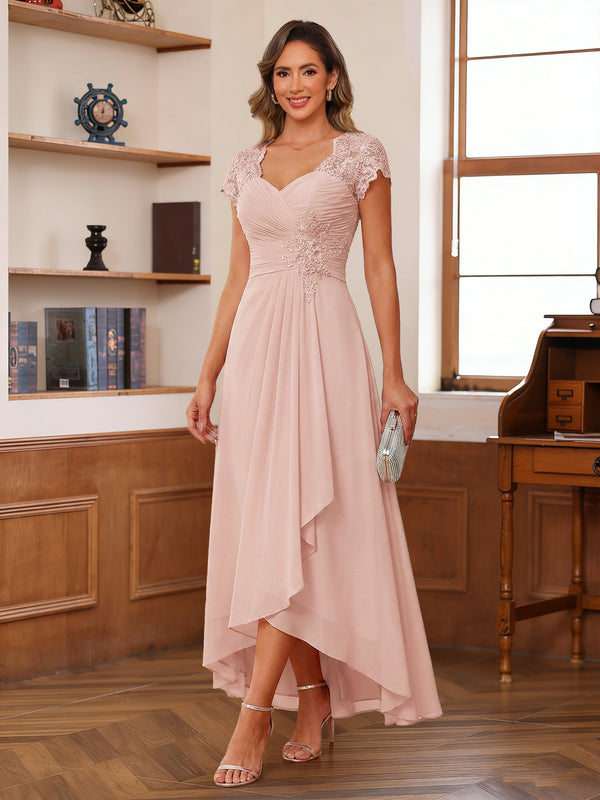 A-Line/Princess Sweetheart Short Sleeves Asymmetrical  Mother of the Bride Dresses with Appliques & Ruffles