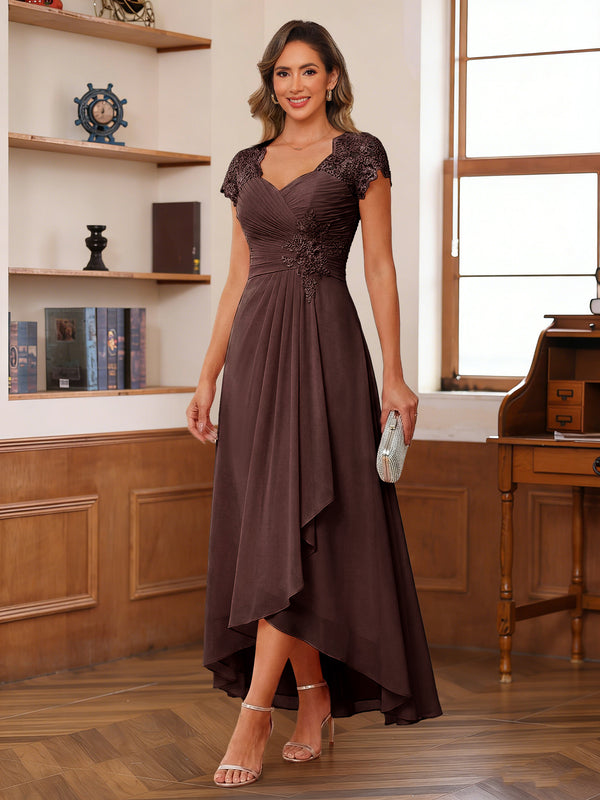 A-Line/Princess Sweetheart Short Sleeves Asymmetrical  Mother of the Bride Dresses with Appliques & Ruffles