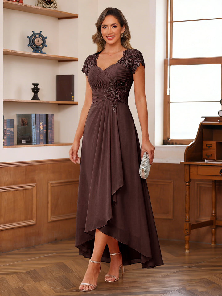 A-Line/Princess Sweetheart Short Sleeves Asymmetrical  Mother of the Bride Dresses with Appliques &amp; Ruffles
