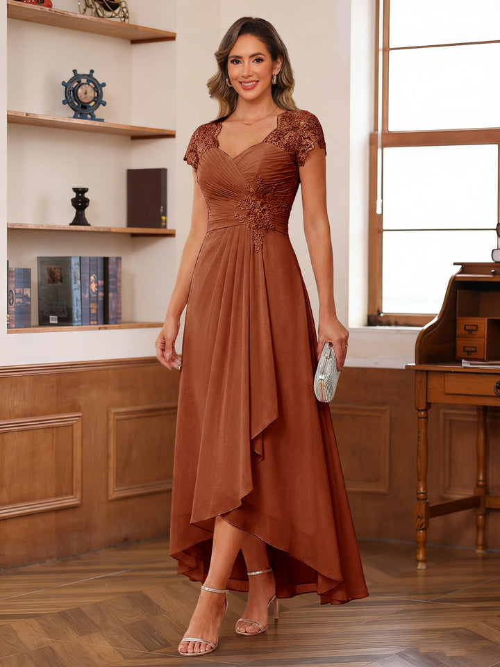 A-Line/Princess Sweetheart Short Sleeves Asymmetrical  Mother of the Bride Dresses with Appliques &amp; Ruffles