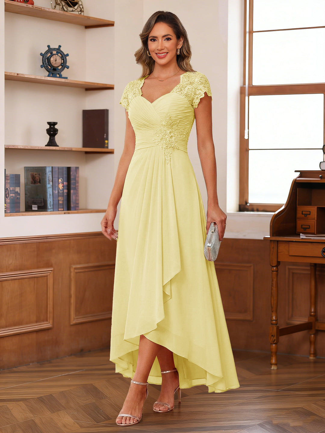 A-Line/Princess Sweetheart Short Sleeves Asymmetrical  Mother of the Bride Dresses with Appliques &amp; Ruffles