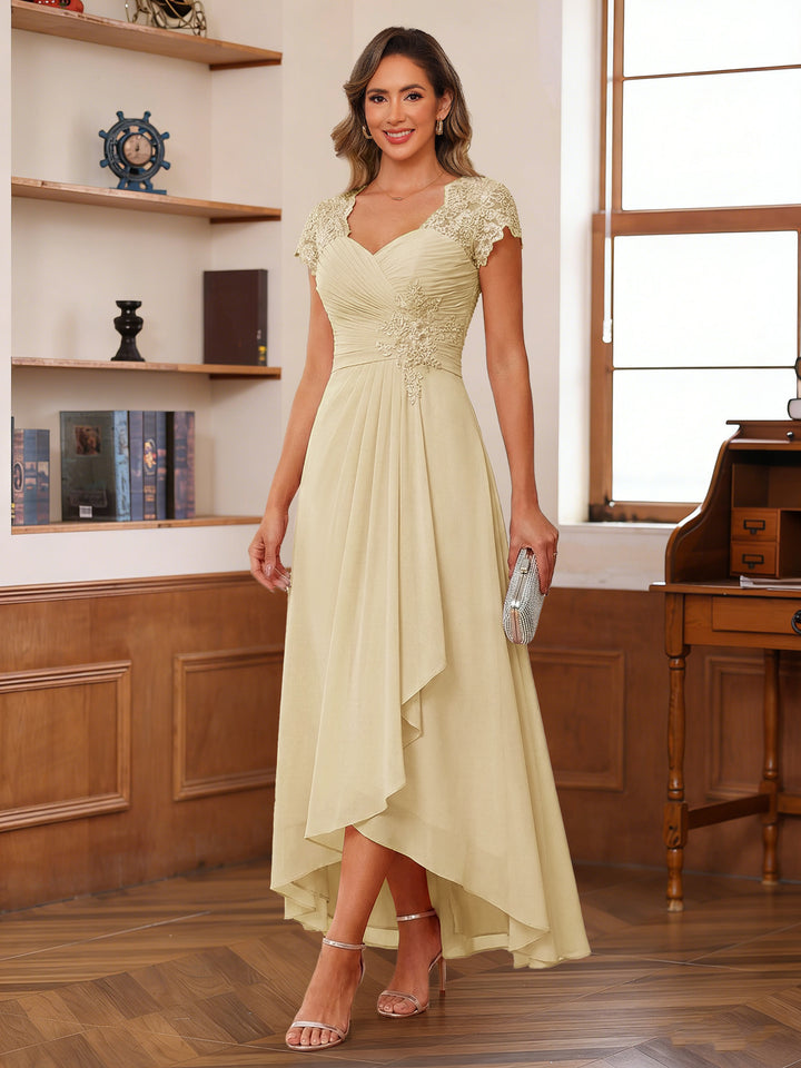 A-Line/Princess Sweetheart Short Sleeves Asymmetrical  Mother of the Bride Dresses with Appliques &amp; Ruffles