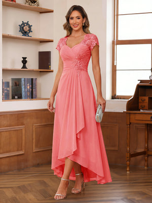 A-Line/Princess Sweetheart Short Sleeves Asymmetrical  Mother of the Bride Dresses with Appliques & Ruffles