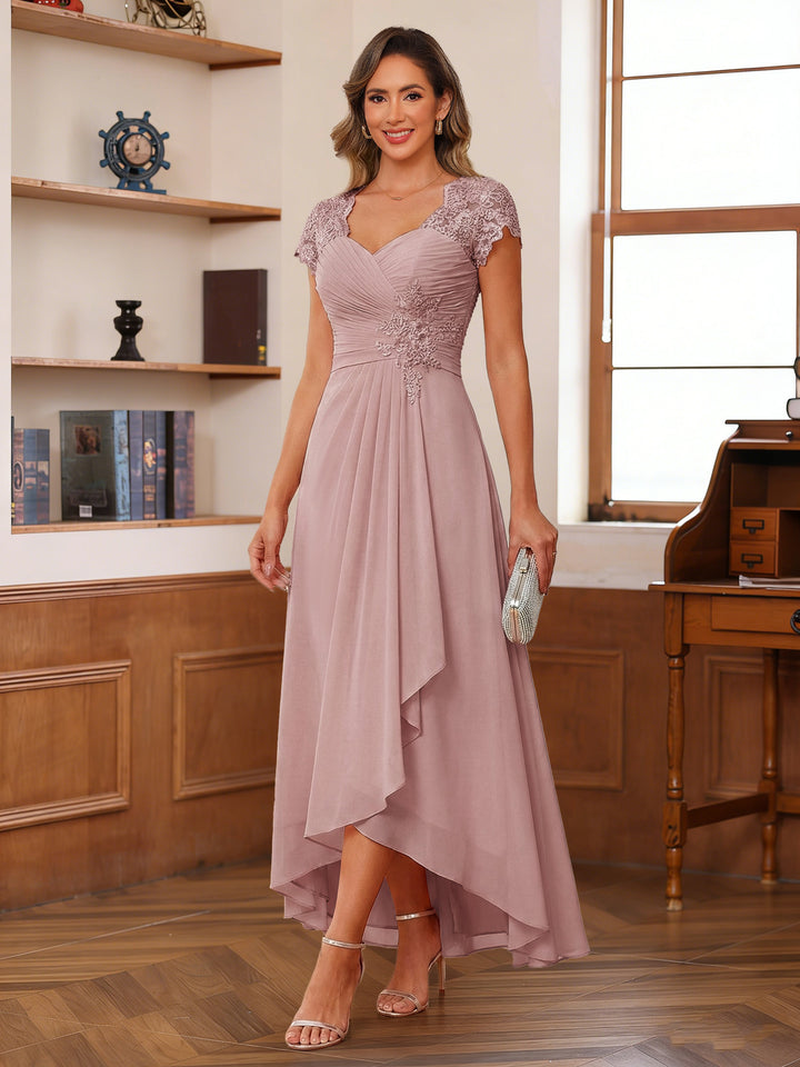 A-Line/Princess Sweetheart Short Sleeves Asymmetrical  Mother of the Bride Dresses with Appliques &amp; Ruffles