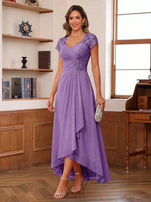 A-Line/Princess Sweetheart Short Sleeves Asymmetrical  Mother of the Bride Dresses with Appliques & Ruffles