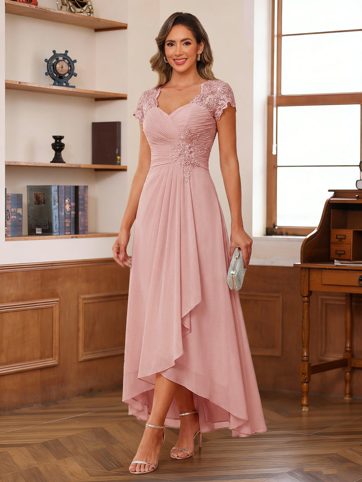 A-Line/Princess Sweetheart Short Sleeves Asymmetrical  Mother of the Bride Dresses with Appliques &amp; Ruffles