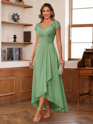 A-Line/Princess Sweetheart Short Sleeves Asymmetrical  Mother of the Bride Dresses with Appliques & Ruffles