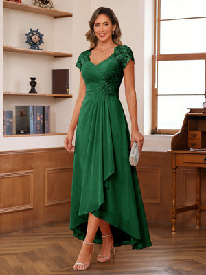 A-Line/Princess Sweetheart Short Sleeves Asymmetrical  Mother of the Bride Dresses with Appliques & Ruffles