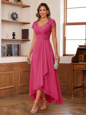 A-Line/Princess Sweetheart Short Sleeves Asymmetrical  Mother of the Bride Dresses with Appliques & Ruffles