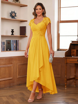 A-Line/Princess Sweetheart Short Sleeves Asymmetrical  Mother of the Bride Dresses with Appliques & Ruffles