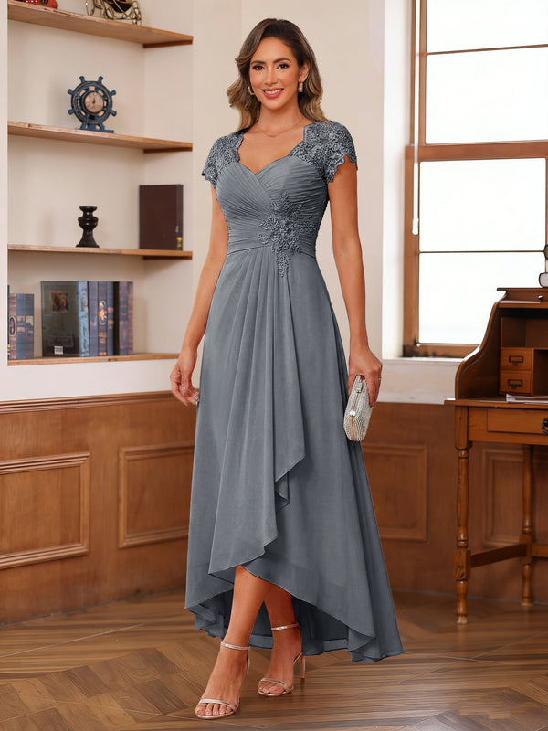 A-Line/Princess Sweetheart Short Sleeves Asymmetrical  Mother of the Bride Dresses with Appliques & Ruffles