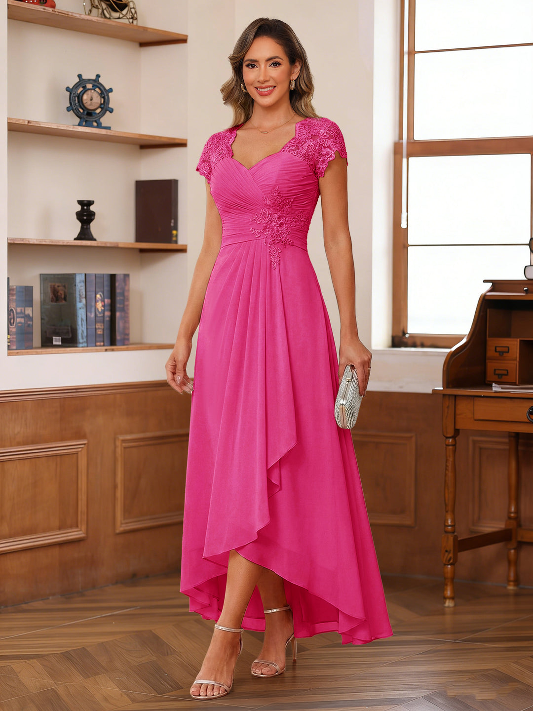 A-Line/Princess Sweetheart Short Sleeves Asymmetrical  Mother of the Bride Dresses with Appliques &amp; Ruffles