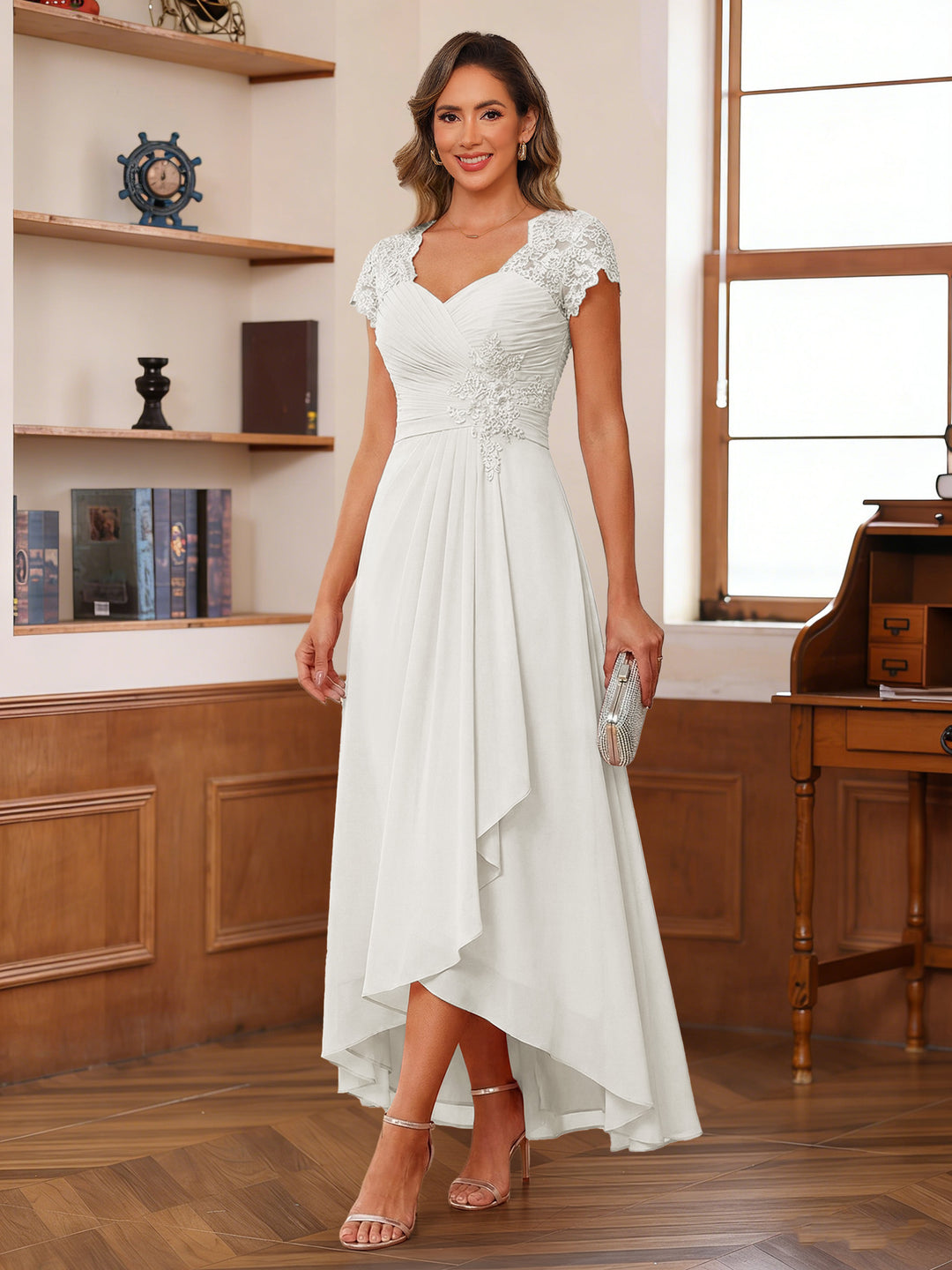 A-Line/Princess Sweetheart Short Sleeves Asymmetrical  Mother of the Bride Dresses with Appliques &amp; Ruffles