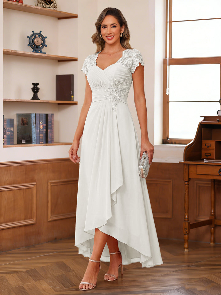 A-Line/Princess Sweetheart Short Sleeves Asymmetrical  Mother of the Bride Dresses with Appliques &amp; Ruffles