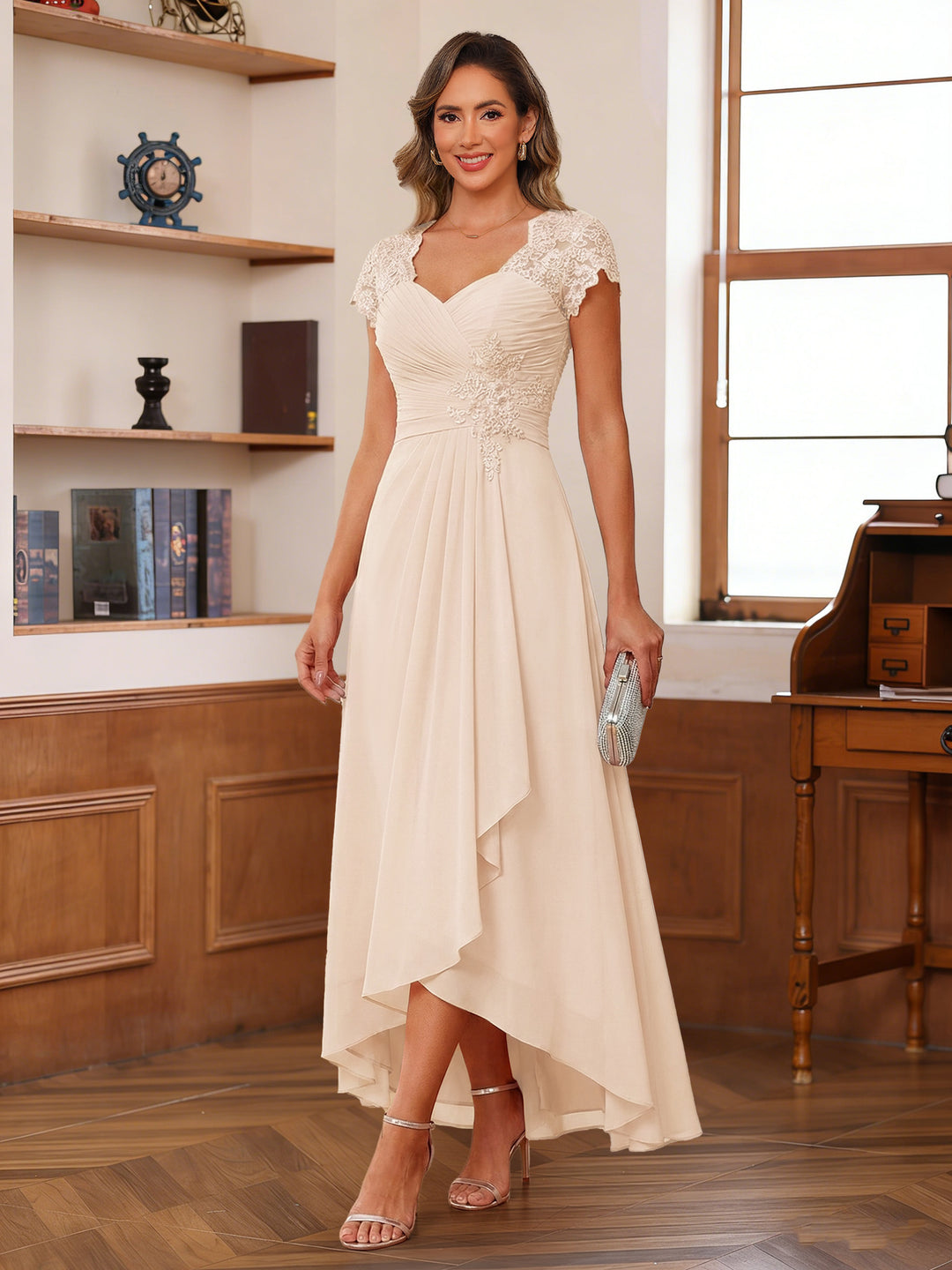 A-Line/Princess Sweetheart Short Sleeves Asymmetrical  Mother of the Bride Dresses with Appliques &amp; Ruffles