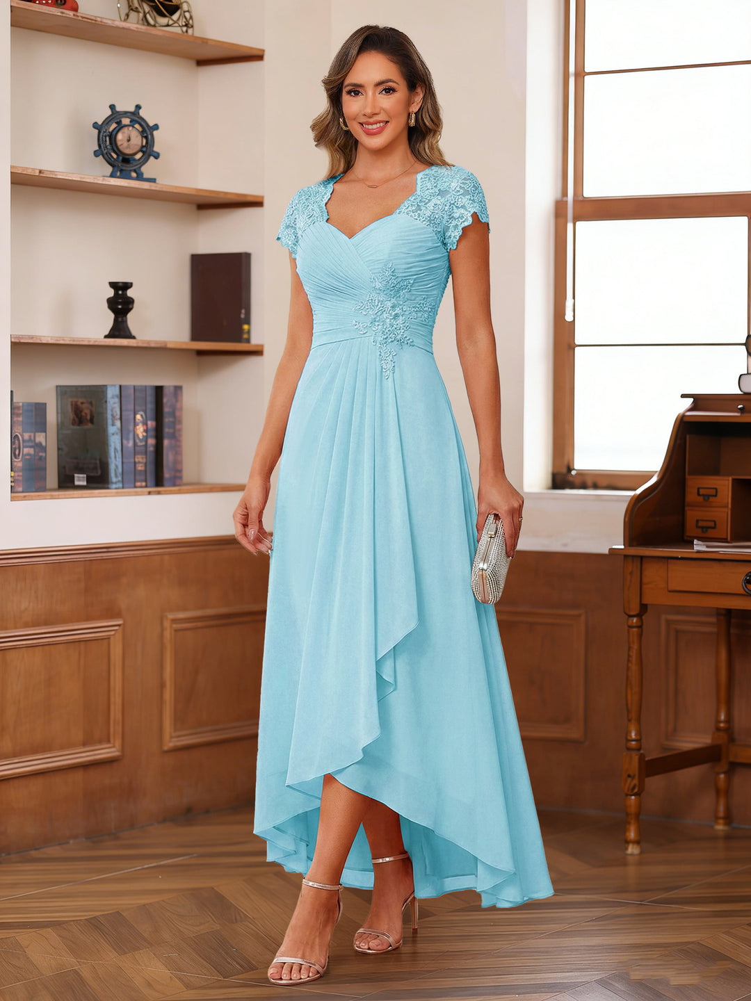 asymmetrical mother of the bride dresses Lavetir Peacock A-Line/Princess Sweetheart Short Sleeves with Appliques & Ruffles 2026 and stylish ruffles cascading down the asymmetrical chiffon skirt Dreamylily Formal Dress Trumpet/Mermaid Asymmetrical