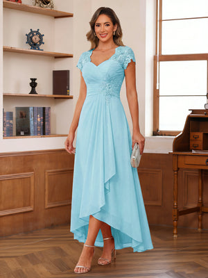 A-Line/Princess Sweetheart Short Sleeves Asymmetrical  Mother of the Bride Dresses with Appliques & Ruffles