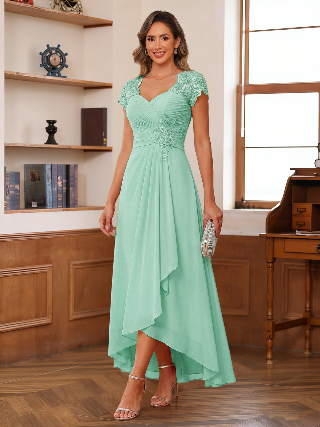 A-Line/Princess Sweetheart Short Sleeves Asymmetrical  Mother of the Bride Dresses with Appliques &amp; Ruffles