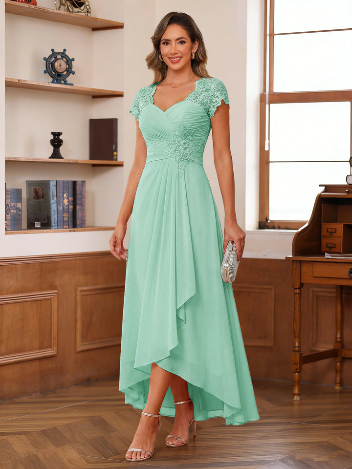 A-Line/Princess Sweetheart Short Sleeves Asymmetrical  Mother of the Bride Dresses with Appliques &amp; Ruffles
