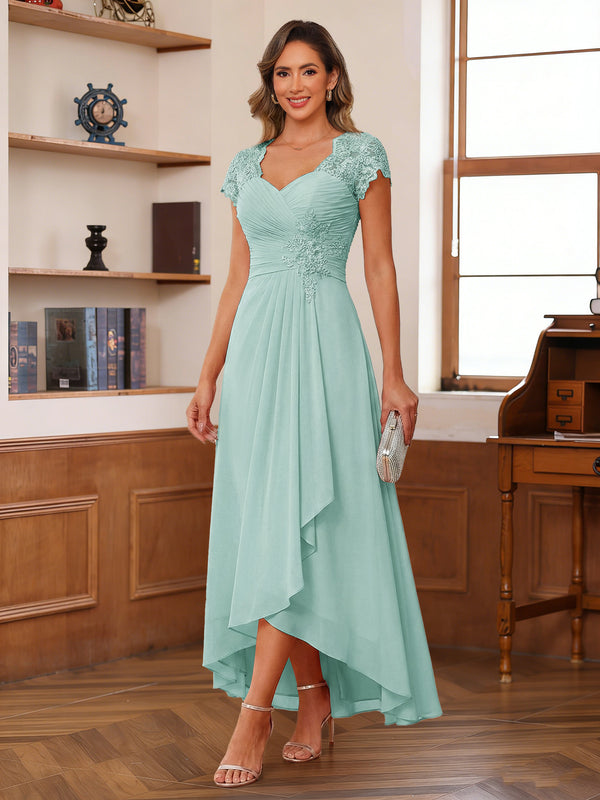 A-Line/Princess Sweetheart Short Sleeves Asymmetrical  Mother of the Bride Dresses with Appliques & Ruffles