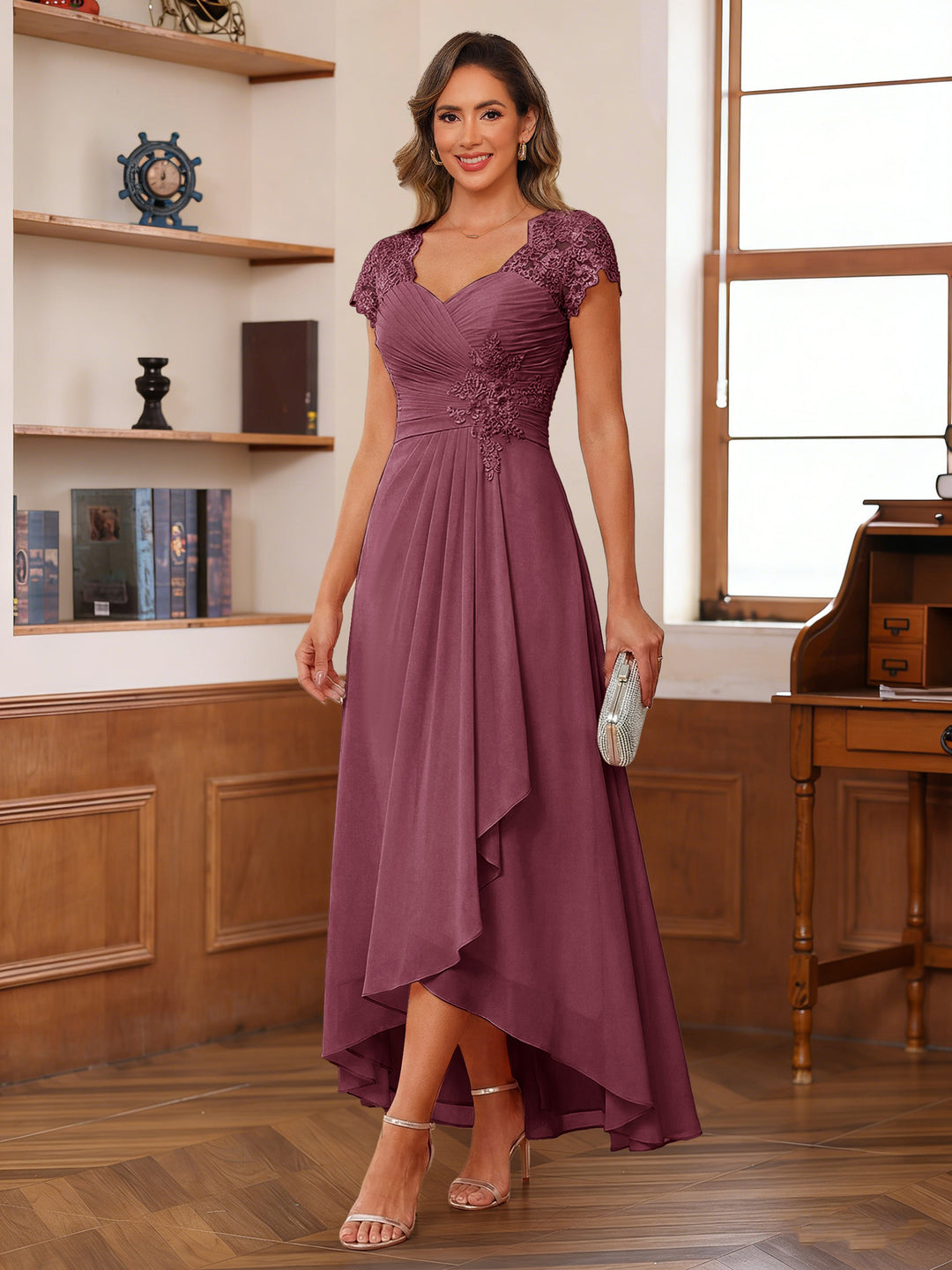 A-Line/Princess Sweetheart Short Sleeves Asymmetrical  Mother of the Bride Dresses with Appliques &amp; Ruffles