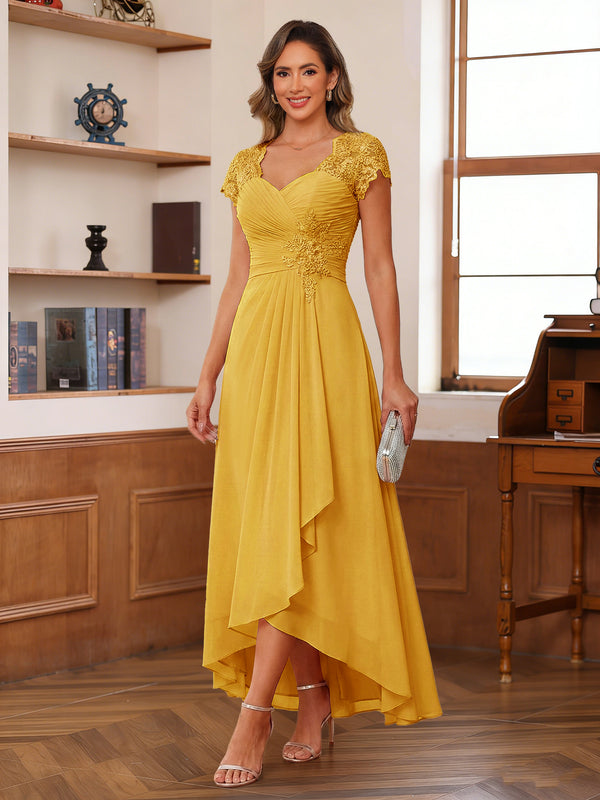 A-Line/Princess Sweetheart Short Sleeves Asymmetrical  Mother of the Bride Dresses with Appliques & Ruffles