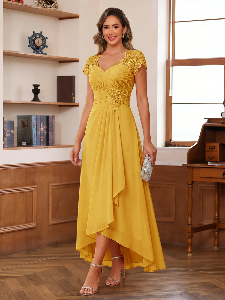A-Line/Princess Sweetheart Short Sleeves Asymmetrical  Mother of the Bride Dresses with Appliques &amp; Ruffles